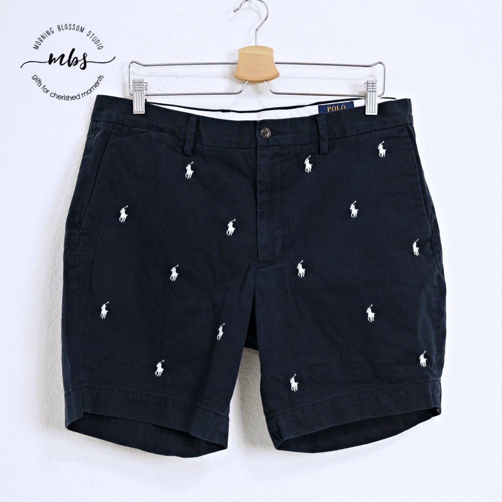 Polo Ralph Lauren High Rise Straight Fit Embroidered Preppy Shorts Blue Men 36